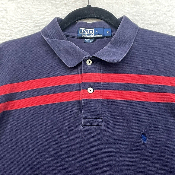 Vintage Polo Ralph Lauren Shirt Mens XL Blue Red Striped Polo Pony Golf Rugby - Picture 4 of 10
